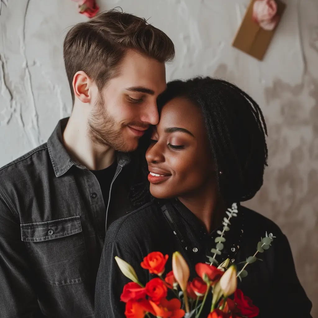 Man and woman with flowers during Valentine's Day