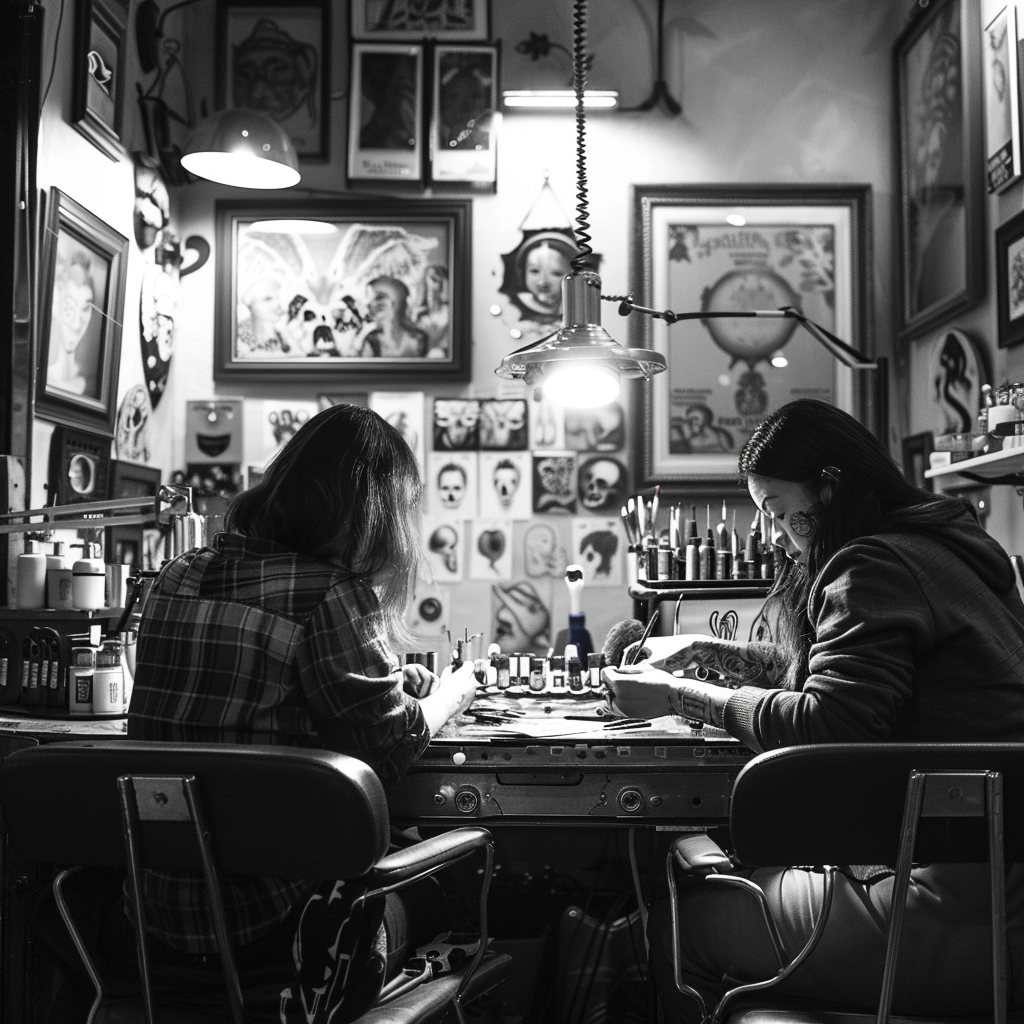 tattoo masters in the tattoo studio before tattoo removal session