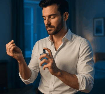 Young British man applying cologne in stylish room, matching fragrance to outfit in UK climate.