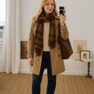 Blonde woman in autumn outfit with trench coat, scarf, and dark jeans for outfit optimisation in UK autumn.
