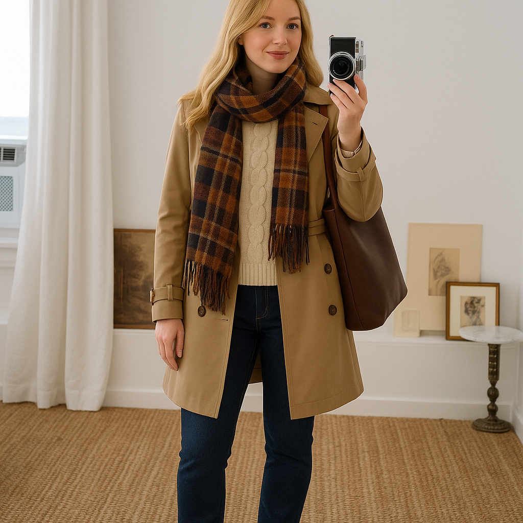 Blonde woman in autumn outfit with trench coat, scarf, and dark jeans for outfit optimisation in UK autumn.