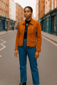 Stylish woman in western fashion UK outfit with fringe jacket and jeans, blending cowboy aesthetics with urban street style.